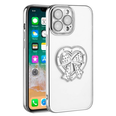For Apple iPhone 14 PRO 6.1" Chromed Logo Bling Glitter Ornaments Transparent Hybrid Case Cover - BowKnot Silver