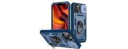 For Apple iPhone 14 PRO 6.1" DISCOVER Ring Stand Hybrid With Slide Camera Cover Case - Navy Blue