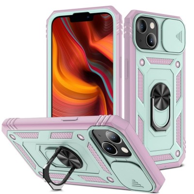 For Apple iPhone 14 PRO 6.1" DISCOVER Ring Stand Hybrid With Slide Camera Cover Case - Pink/Red