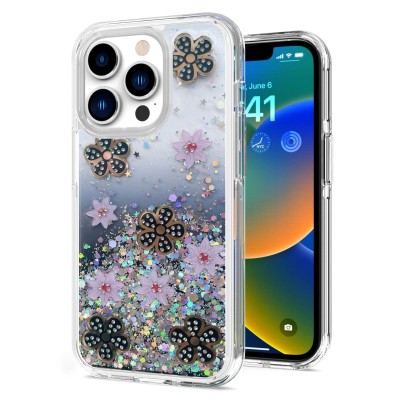 For Apple iPhone 14 PRO 6.1" Floral Epoxy Glitter Colorful Frame Hybrid Case Cover - A