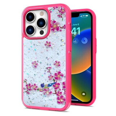 For Apple iPhone 14 PRO 6.1" Floral Epoxy Glitter Colorful Frame Hybrid Case Cover - E