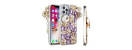 For Apple iPhone 14 PRO 6.1" Floral Full Diamond Bling Case Cover - Purple