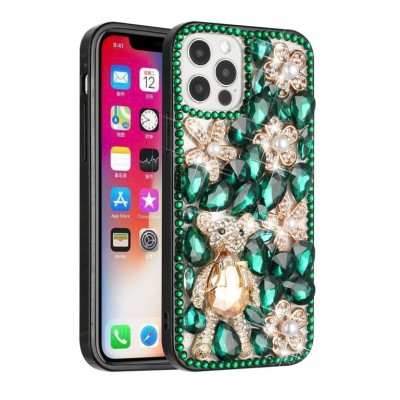 For Apple iPhone 14 PRO 6.1" Full Diamond with Ornaments Case Cover - Green Panda Floral