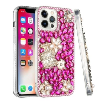 For Apple iPhone 14 PRO 6.1" Full Diamond with Ornaments Case Cover - Pearl Flowers with Perfume Hot Pink