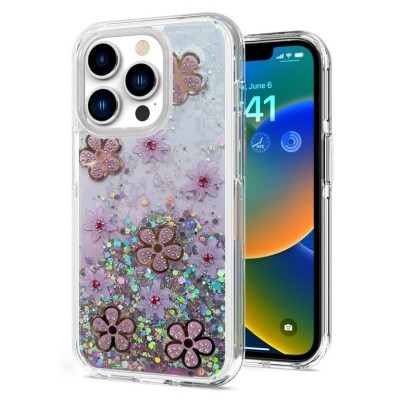 For Apple iPhone 14 PRO 6.1" Full Diamond with Ornaments Hard TPU Case Cover - White Flower Butterfly