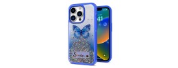 For Apple iPhone 14 PRO 6.1" Happy Glitter Epoxy Smile Butterfly Ornaments Hybrid Case Cover - Dark Blue