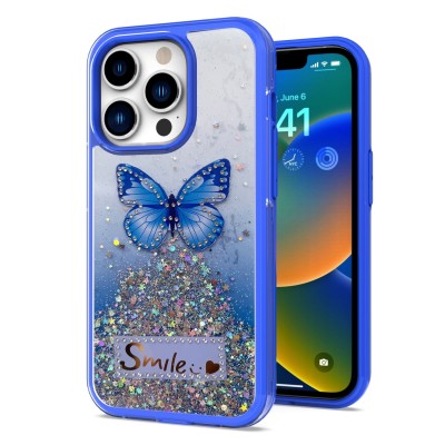 For Apple iPhone 14 PRO 6.1" Happy Glitter Epoxy Smile Butterfly Ornaments Hybrid Case Cover - Dark Blue