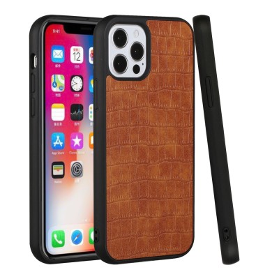 For Apple iPhone 14 PRO 6.1" Hard PU Leather Croc Design Hybrid Case Cover - Brown
