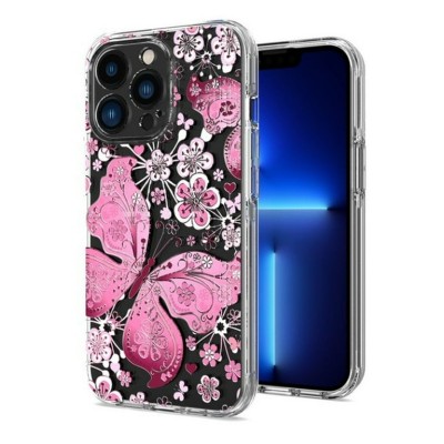 For Apple iPhone 14 PRO 6.1" Hot New Silver Printing Design Hybrid Case Cover - MultiColor Butterfly