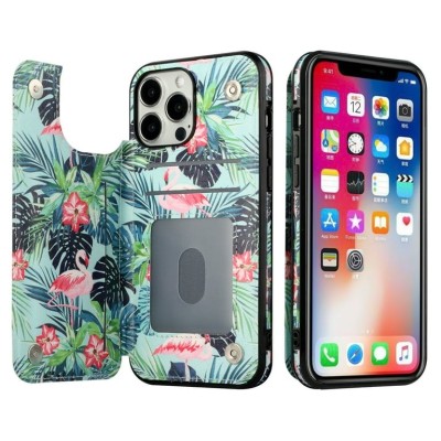 For Apple iPhone 14 PRO 6.1" Luxury Side Magnetic Button Card ID Holder PU Leather Case Cover - Foral D