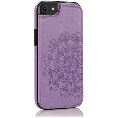 For Apple iPhone 14 PRO 6.1" Luxury Side Magnetic Button Card ID Holder PU Leather Case Cover - Light Purple Mandala Flower