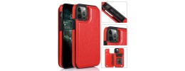 For Apple iPhone 14 PRO 6.1" Luxury Side Magnetic Button Card ID Holder PU Leather Case Cover - Red