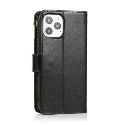 For Apple iPhone 14 PRO 6.1" Luxury Wallet Card ID Zipper Money Holder Case Cover - Black