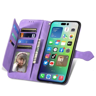 For Apple iPhone 14 PRO 6.1" Luxury Wallet Card ID Zipper Money Holder Case Cover - Dark Purple