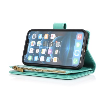 For Apple iPhone 14 PRO 6.1" Luxury Wallet Card ID Zipper Money Holder Case Cover - Teal