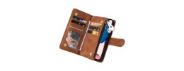 For Apple iPhone 14 PRO 6.1" Multi-Functional Cards Slot Wrist Strap Vegan Leather Case Cover - Brown