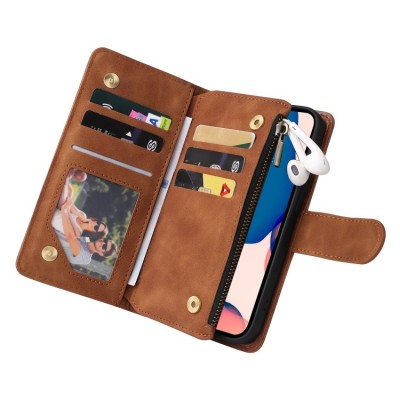 For Apple iPhone 14 PRO 6.1" Multi-Functional Cards Slot Wrist Strap Vegan Leather Case Cover - Brown