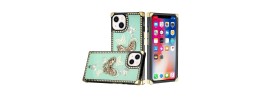 For Apple iPhone 14 PRO 6.1" Passion Square Hearts Diamond Glitter Ornaments Engraving Case Cover - Good Luck Floral Teal