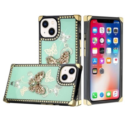 For Apple iPhone 14 PRO 6.1" Passion Square Hearts Diamond Glitter Ornaments Engraving Case Cover - Good Luck Floral Teal