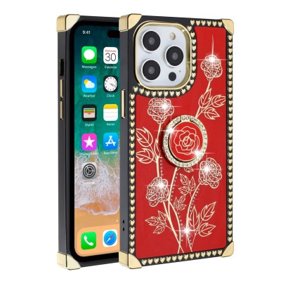 For Apple iPhone 14 PRO 6.1" Passion Square Hearts IMD Design with Diamond Ring Stand Case Cover - B