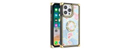 For Apple iPhone 14 PRO 6.1" Passion Square Hearts IMD Design with Diamond Ring Stand Case Cover - D