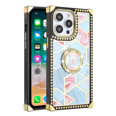 For Apple iPhone 14 PRO 6.1" Passion Square Hearts IMD Design with Diamond Ring Stand Case Cover - D