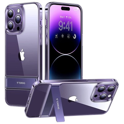 For Apple iPhone 14 PRO 6.1" Passion Square Hearts Smiling Diamond Ring Stand Case Cover - Purple