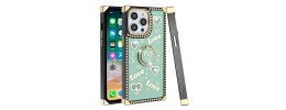 For Apple iPhone 14 PRO 6.1" Passion Square Hearts Smiling Diamond Ring Stand Case Cover - Teal