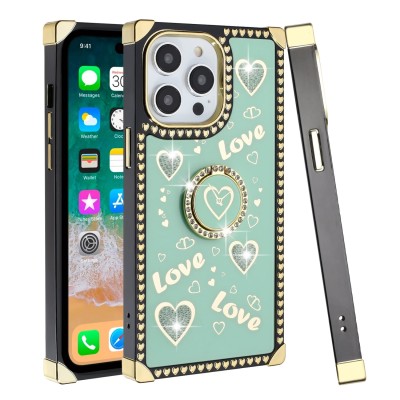 For Apple iPhone 14 PRO 6.1" Passion Square Hearts Smiling Diamond Ring Stand Case Cover - Teal