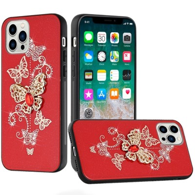 For Apple iPhone 14 PRO 6.1" SPLENDID Diamond Glitter Ornaments Engraving Case Cover - Enchanted Butterfly Red