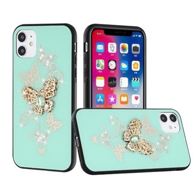 For Apple iPhone 14 PRO 6.1" SPLENDID Diamond Glitter Ornaments Engraving Case Cover - Garden Butterflies Teal