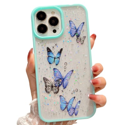 For Apple iPhone 14 PRO 6.1" SPLENDID Glitter Butterfly Design TPU Case Cover - Blue