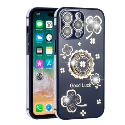 For Apple iPhone 14 PRO 6.1" SPLENDID Glitter Good Luck Floral Design TPU Case Cover - Blue