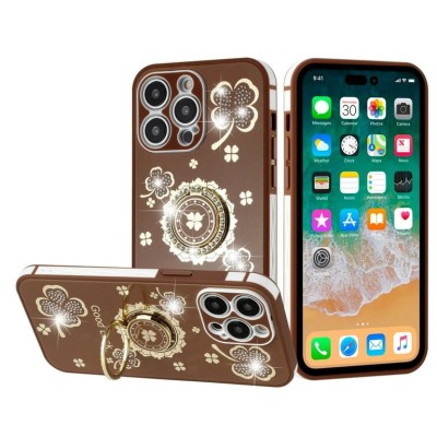 For Apple iPhone 14 PRO 6.1" SPLENDID Glitter Good Luck Floral Design TPU Case Cover - Brown