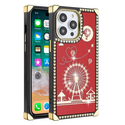 For Apple iPhone 14 PRO 6.1" SQUARE Passion Glitter Diamond Ring Stand Case Cover - Floral Design Red