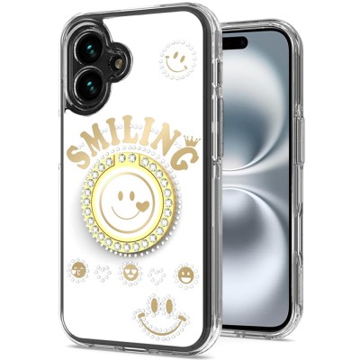 For Apple iPhone 14 PRO 6.1" SQUARE Passion Glitter Diamond Ring Stand Case Cover - Floral Design White