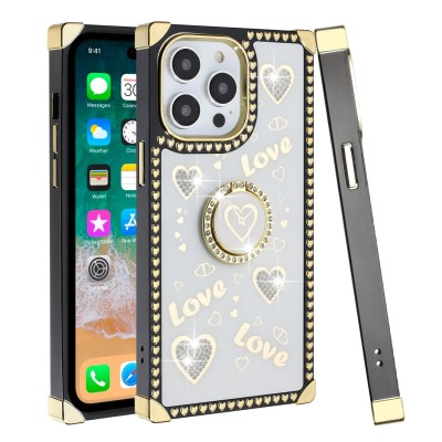 For Apple iPhone 14 PRO 6.1" SQUARE Passion Glitter Diamond Ring Stand Case Cover - Heart Design Purple