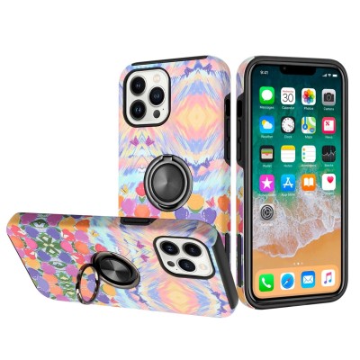 For Apple iPhone 14 PRO 6.1" Sketch Design Hybrid Magnetic Ring Sand Case Cover - B