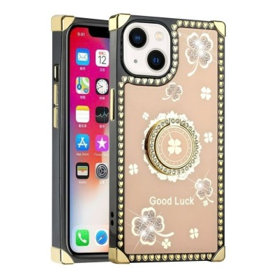 For Apple iPhone 14 PRO 6.1" Square Passion Hearts Bling Glitter Floral Ring Stand Case Cover - Pink