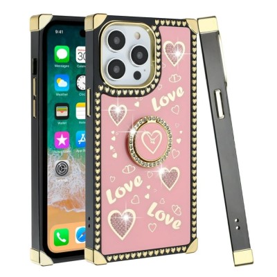 For Apple iPhone 14 PRO 6.1" Square Passion Hearts Bling Glitter Love Design Ring Stand Case Cover - Hot Pink