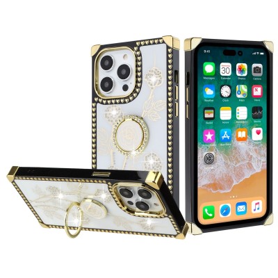 For Apple iPhone 14 PRO 6.1" Square Passion Hearts Bling Glitter Love Design Ring Stand Case Cover - Teal