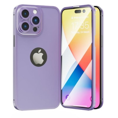 For Apple iPhone 14 PRO 6.1" Tempered 2in1 3D Full Protection Hybrid Zinc Alloy Ultra Thin with Logo Hole Case Cover - Purple