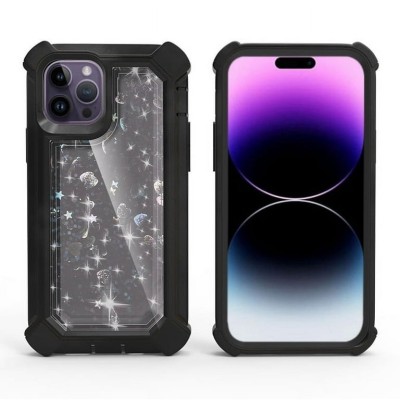For Apple iPhone 14 PRO 6.1" Twinkle Liquid Glitter 3in1 Hybrid Case Cover - Black