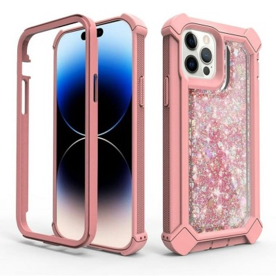 For Apple iPhone 14 PRO 6.1" Twinkle Liquid Glitter 3in1 Hybrid Case Cover - Rose Gold