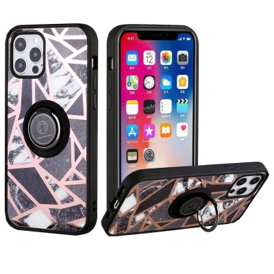 For Apple iPhone 14 PRO 6.1" Unique IMD Design Magnetic Ring Stand Cover Case - Fancy Marble on Black