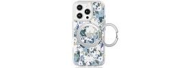 For Apple iPhone 14 PRO 6.1" Unique IMD Design Magnetic Ring Stand Cover Case - Flowers on Blue