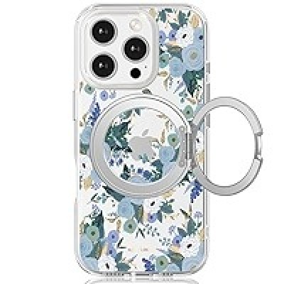 For Apple iPhone 14 PRO 6.1" Unique IMD Design Magnetic Ring Stand Cover Case - Flowers on Blue