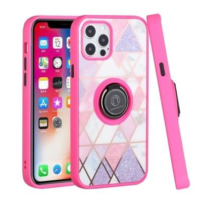 For Apple iPhone 14 PRO 6.1" Unique IMD Design Magnetic Ring Stand Cover Case - Mesh Marble on Pink