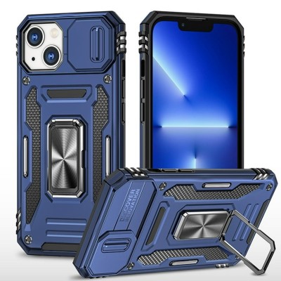 For Apple iPhone 14 PRO 6.1" Utter Tough Metal Ring Movable Camera Window Hybrid Case Cover - Navy blue