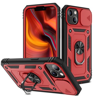 For Apple iPhone 14 PRO 6.1" Utter Tough Metal Ring Movable Camera Window Hybrid Case Cover - Red